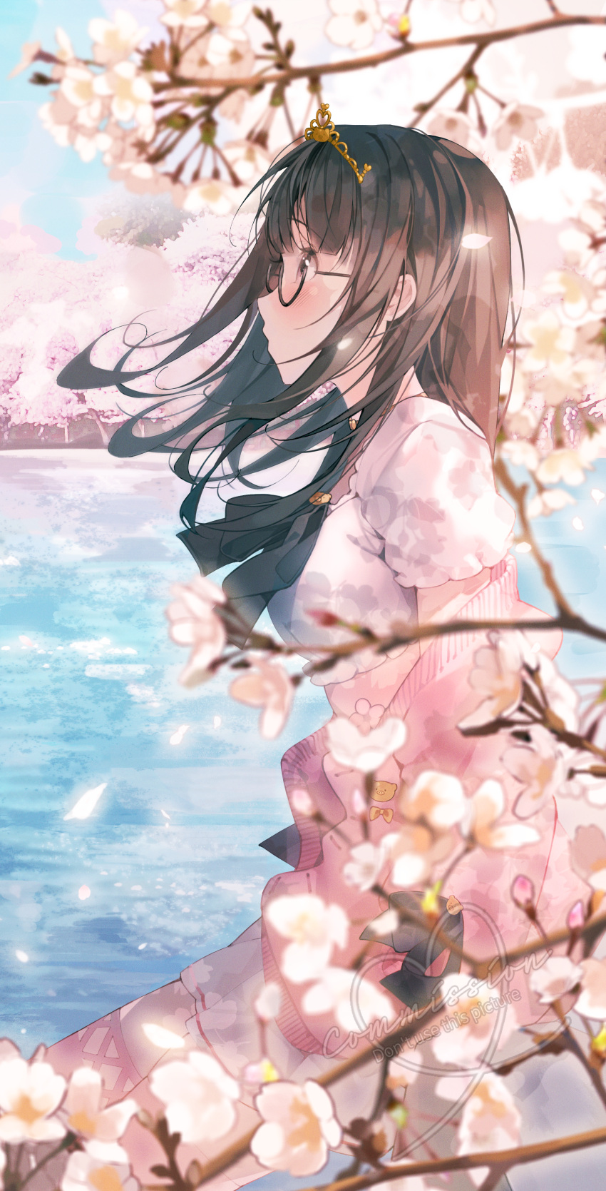 1girl absurdres bangs black_bow bow branch brown_hair cherry_blossoms commission flower from_side glasses highres long_hair original parted_lips patch_oxxo pink_flower river short_sleeves tiara tree wind