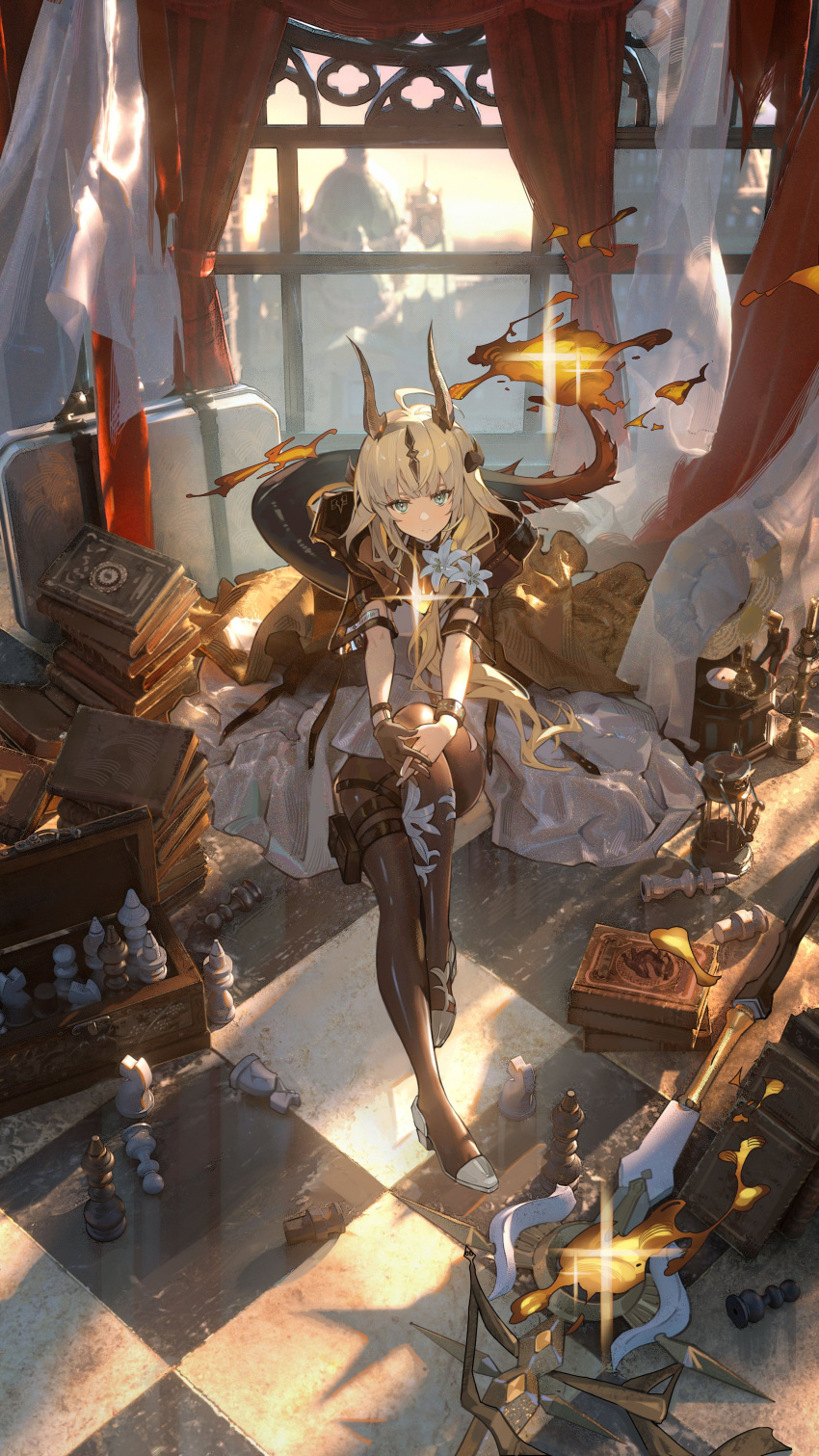 1girl absurdres arknights black_pantyhose blonde_hair book book_stack candelabra candle candlestand chess_piece commentary_request curtains dragon_girl dragon_horns dragon_tail flower gloves glowing green_eyes highres horns indoors infection_monitor_(arknights) long_hair looking_at_viewer pantyhose reed_(arknights) single_glove slit_pupils solo tail thigh_pouch thigh_strap toto_(caaaaarrot) very_long_hair weapon weapon_on_floor white_flower