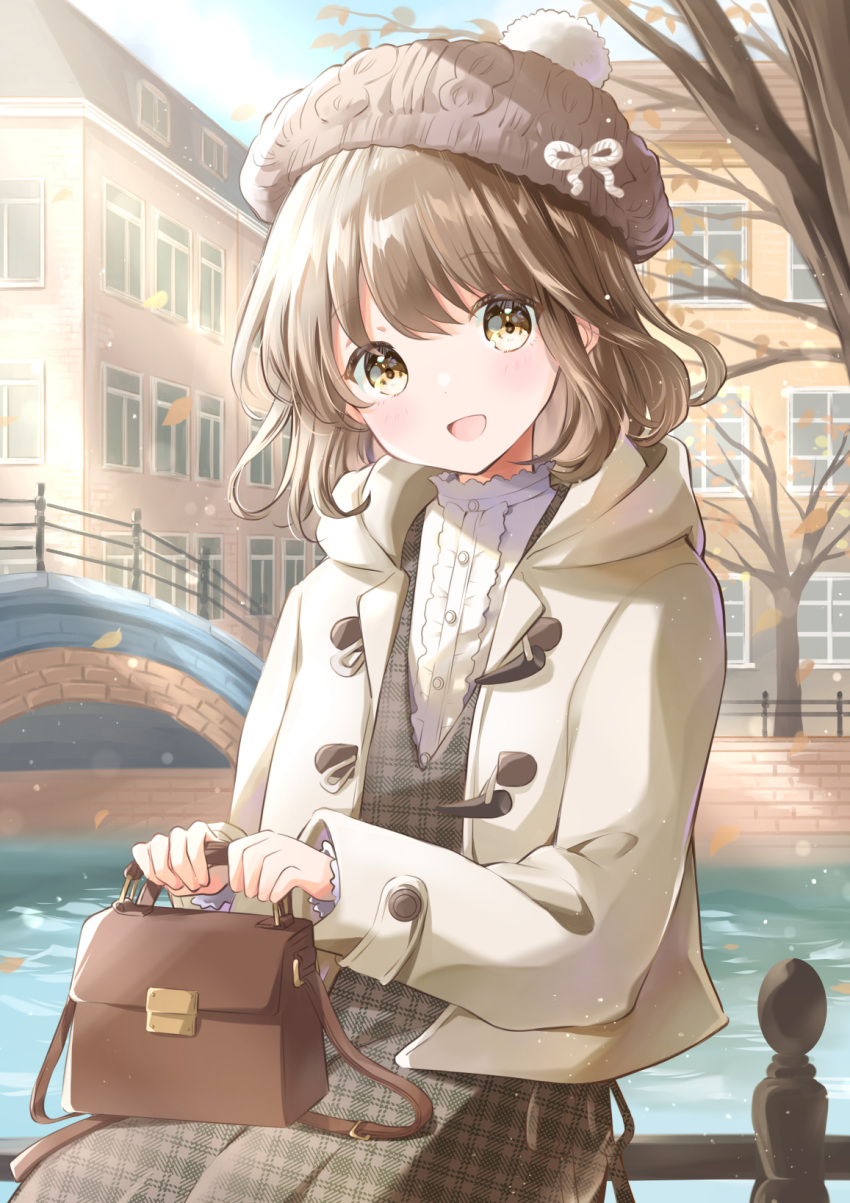 1girl bag bare_tree beanie black_dress blush bridge brown_bag brown_coat brown_hair brown_headwear coat commission day dress duffel_coat falling_leaves fence handbag hat highres hoshiibara_mato leaf looking_at_viewer open_clothes open_coat open_mouth original outdoors plaid plaid_dress pom_pom_(clothes) river short_hair sitting skeb_commission solo sunlight tree unmoving_pattern water winter yellow_eyes
