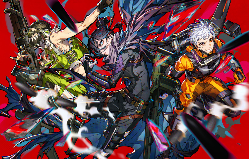 1boy 2girls absurdres animification apex_legends armor assault_rifle black_bodysuit black_hair black_headwear blue_eyes blue_hair bodysuit breastplate breasts broken_glass crazy_smile cropped_vest glass goggles green_vest grey_hair gun hair_behind_ear hair_bun highres holding holding_gun holding_weapon jetpack looking_at_viewer mask medium_breasts mika_pikazo missile_pod mouth_mask multicolored_hair multiple_girls octane_(apex_legends) open_hand orange_bodysuit orange_eyes parted_lips purple_scarf red_background redhead rifle scarf short_hair single_hair_bun smile sniper_rifle streaked_hair triple_take valkyrie_(apex_legends) vest vk-47_flatline weapon wraith_(apex_legends)