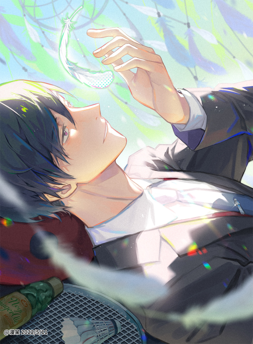 1boy badminton_racket black_hair dated dream_catcher feathers fish191101756 formal glint hair_between_eyes highres long_sleeves lying male_focus on_back racket ryman's_club shiratori_mikoto_(ryman's_club) shuttlecock soda_bottle solo suit tie_clip