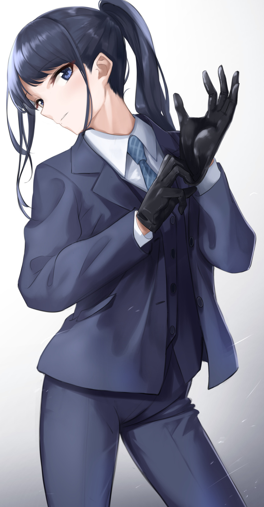 1girl absurdres bangs black_gloves blue_eyes blue_hair blue_necktie closed_mouth collared_shirt dress_shirt formal gloves gradient gradient_background grey_background grey_jacket grey_pants grey_suit grey_waistcoat hair_behind_ear highres idolmaster idolmaster_shiny_colors jacket kazano_hiori long_sleeves looking_to_the_side necktie oka_yuto pants ponytail shirt solo suit three-piece_suit vertical-striped_necktie white_background white_shirt