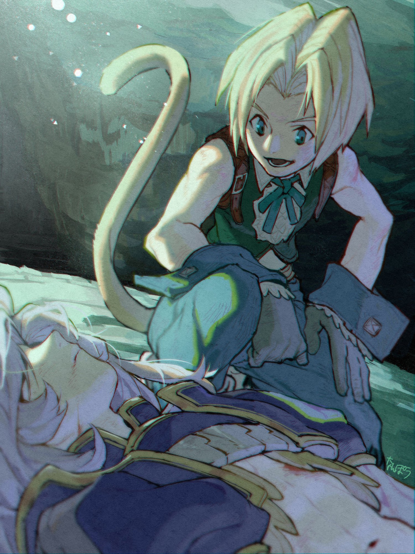 2boys artist_name bangs bare_shoulders blonde_hair blue_eyes blue_jacket blue_pants cropped_jacket final_fantasy final_fantasy_ix full_body gloves green_vest grey_gloves grey_hair highres jacket kuja long_hair looking_at_another lower_teeth lying male_focus midriff monkey_tail multiple_boys nanpou_(nanpou0021) neck_ribbon on_back one_knee open_mouth otoko_no_ko pants parted_bangs ribbon shirt short_hair sleeveless sleeveless_shirt smile tail teeth toned toned_male upper_body vest white_shirt wrist_cuffs zidane_tribal