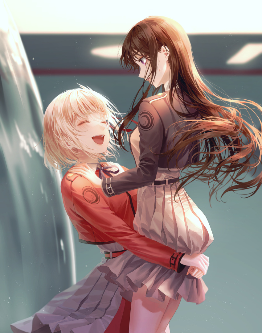 2girls :d absurdres blonde_hair brown_hair carrying closed_eyes floating_hair grey_skirt hand_on_another's_shoulder highres inoue_takina jacket lewol_7 long_hair long_sleeves looking_at_another looking_down lycoris_recoil lycoris_uniform miniskirt multiple_girls neck_ribbon nishikigi_chisato open_mouth pleated_skirt profile red_jacket ribbon shiny shiny_hair short_hair skirt smile straight_hair swat very_long_hair violet_eyes wing_collar