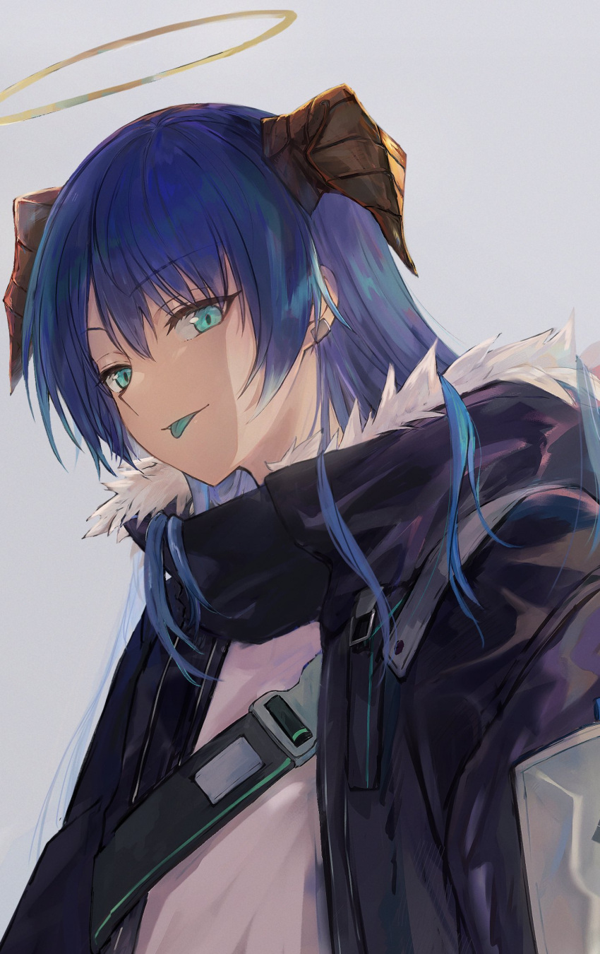 1girl arknights bangs black_jacket blue_eyes blue_hair blue_tongue closed_mouth colored_tongue fur_collar grey_background halo highres horns jacket konota_ko looking_at_viewer mostima_(arknights) shirt simple_background smile solo tongue tongue_out upper_body white_shirt