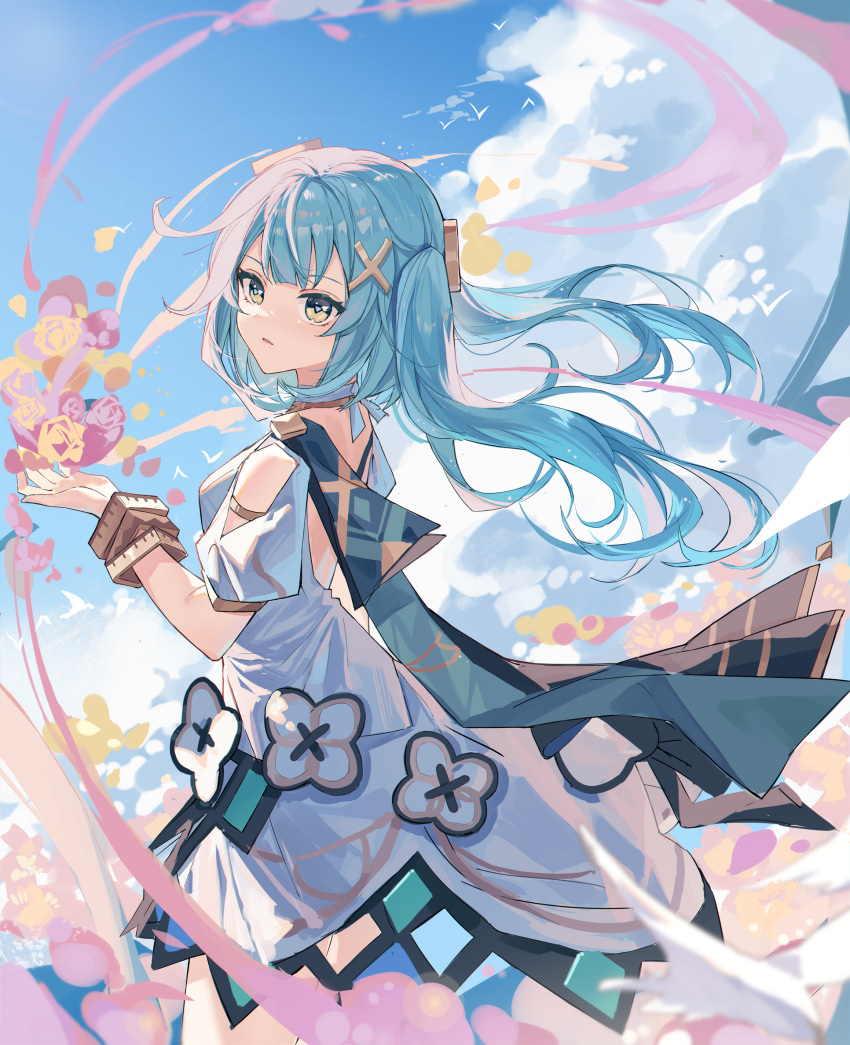 1girl aqua_hair backless_dress backless_outfit bare_back bare_shoulders blue_sky clothing_cutout clouds dress faruzan_(genshin_impact) genshin_impact green_eyes halter_dress halterneck hand_up highres long_hair looking_at_viewer looking_to_the_side open_mouth parted_lips short_dress short_sleeves shoulder_cutout sky solo symbol-shaped_pupils triangle-shaped_pupils twintails white_background white_dress yajuu
