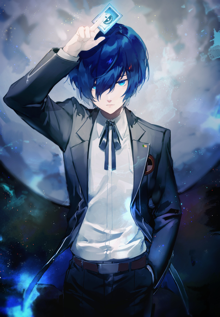 1boy bad_id bad_pixiv_id belt bishounen black_ribbon blue_eyes blue_hair card closed_mouth collared_shirt cowboy_shot dress_shirt gekkoukan_high_school_uniform grey_jacket hair_between_eyes hand_in_pocket highres holding holding_card jacket long_sleeves looking_at_viewer lor_(roasyerizyonirapi) male_focus moon neck_ribbon open_clothes open_jacket persona persona_3 ribbon school_uniform shirt short_hair solo standing white_shirt wing_collar yuuki_makoto