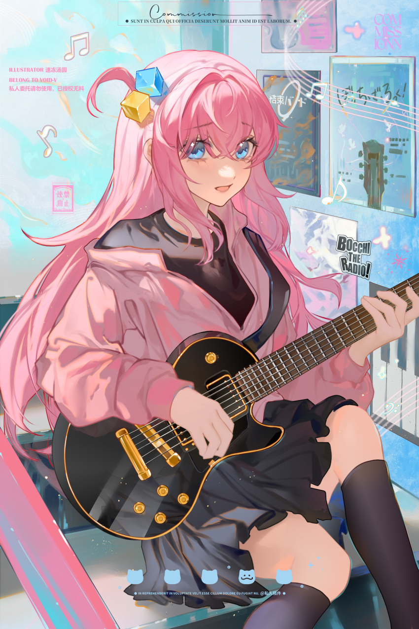 1girl absurdres bangs black_socks blue_eyes bocchi_the_rock! commission cube_hair_ornament electric_guitar gibson_les_paul gotou_hitori grey_skirt guitar hair_between_eyes hair_ornament hair_over_eyes highres holding holding_instrument indoors instrument jacket long_hair long_sleeves looking_at_viewer music musical_note one_side_up open_mouth pink_hair pink_jacket playing_instrument pleated_skirt poster_(object) shirt sitting sitting_on_stairs skirt socks solo stairs sudong_tangyuan track_jacket