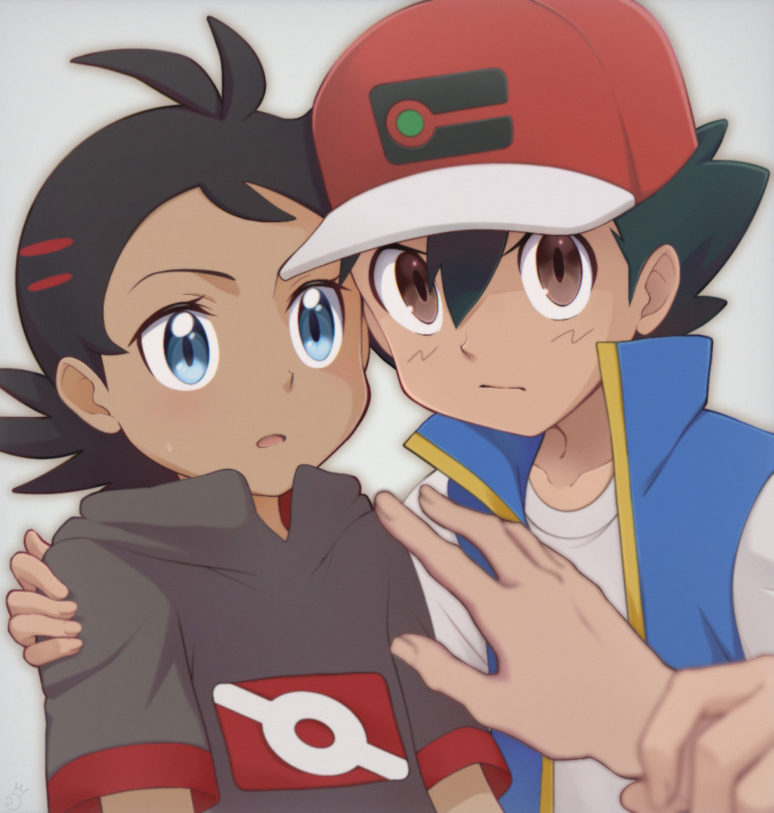 1other 2boys antenna_hair ash_ketchum bangs baseball_cap black_hair blue_eyes blue_jacket blurry brown_eyes closed_mouth commentary_request goh_(pokemon) grey_shirt hair_between_eyes hand_on_another's_shoulder hat highres holding_another's_wrist jacket kouzuki_(reshika213) looking_at_viewer multiple_boys open_clothes open_jacket open_mouth pokemon pokemon_(anime) pokemon_journeys red_headwear shirt short_sleeves sleeveless sleeveless_jacket t-shirt white_shirt
