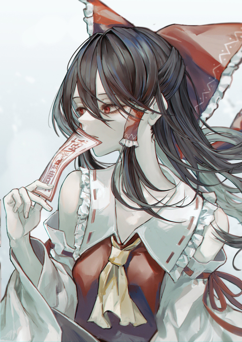 1girl absurdres bangs bare_shoulders black_hair bow breasts closed_mouth collared_dress detached_sleeves dress fingernails frills grey_background hair_between_eyes hair_ornament hair_tubes hakurei_reimu hand_up highres holding long_fingernails long_hair long_sleeves looking_to_the_side medium_breasts ofuda red_bow red_dress red_eyes red_ribbon ribbon ribbon-trimmed_sleeves ribbon_trim safutsuguon simple_background solo teeth touhou wide_sleeves yin_yang yin_yang_print