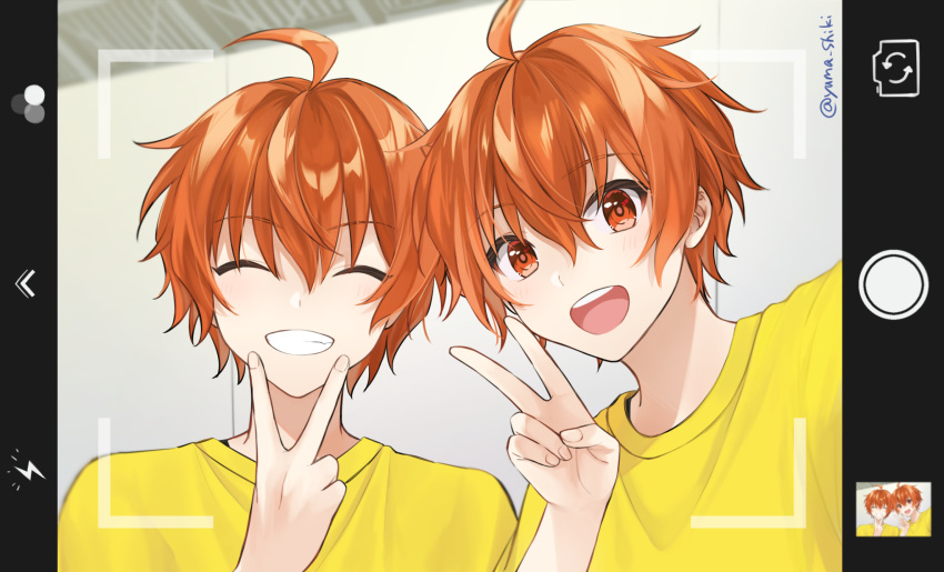 2boys ahoge aoi_kyosuke aoi_yusuke brothers closed_eyes fingernails hair_between_eyes highres idolmaster idolmaster_side-m looking_at_viewer male_focus multiple_boys orange_hair shirt siblings smile v yellow_shirt yumashiki