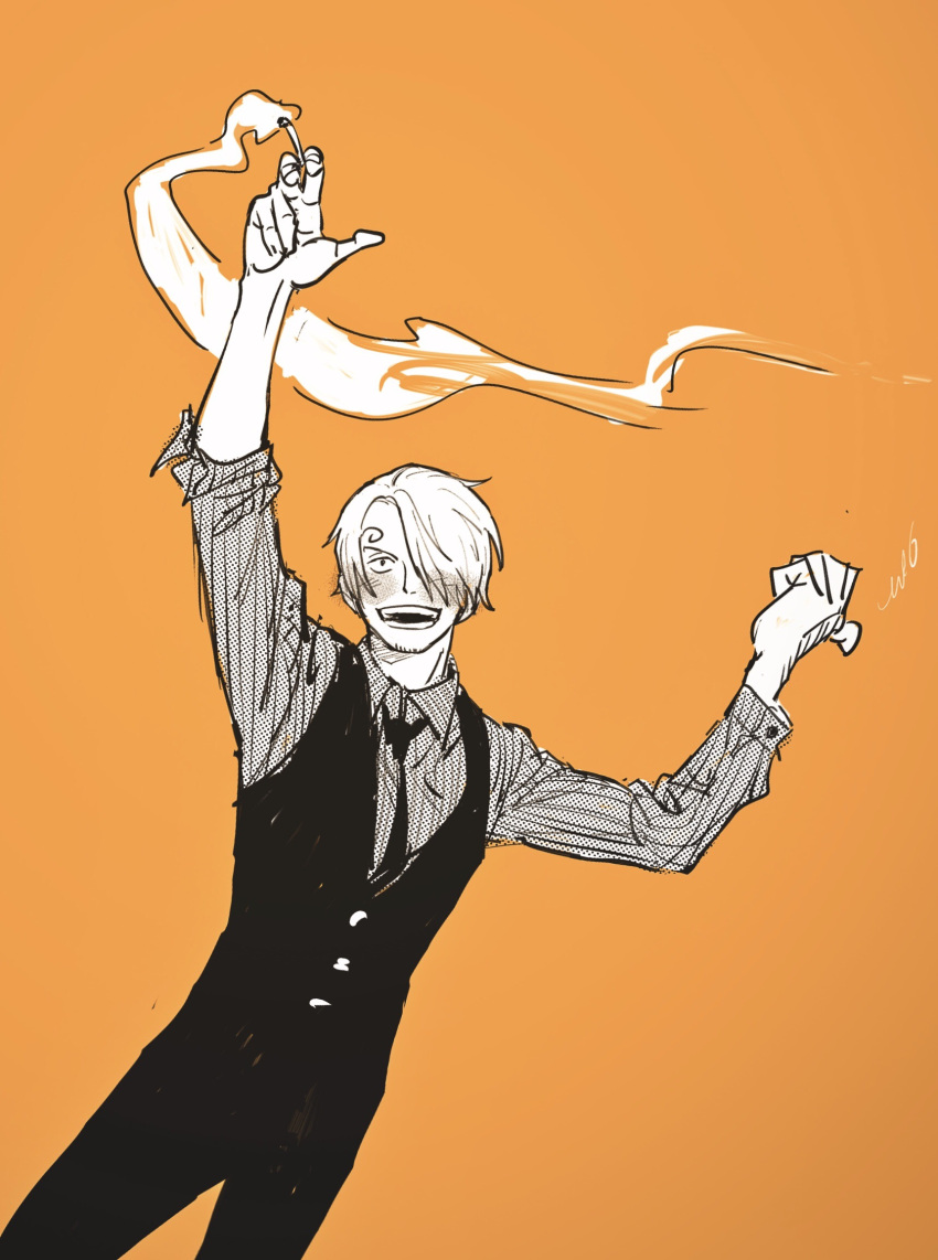 1boy blonde_hair blush cigarette collared_shirt curly_eyebrows facial_hair feet_out_of_frame goatee hair_over_one_eye highres holding holding_cigarette loose_necktie male_focus monochrome necktie no.6_(numberr_6) one_piece orange_theme pointing pointing_forward sanji_(one_piece) shirt short_hair smoke solo standing