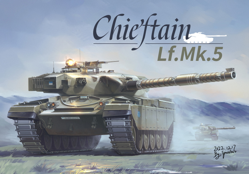absurdres akalinxing_konggejun cannon chieftain_mk.5 commentary_request day ground_vehicle gun highres machine_gun military military_vehicle motor_vehicle mountain no_humans original outdoors searchlight tank tank_focus vehicle_focus weapon