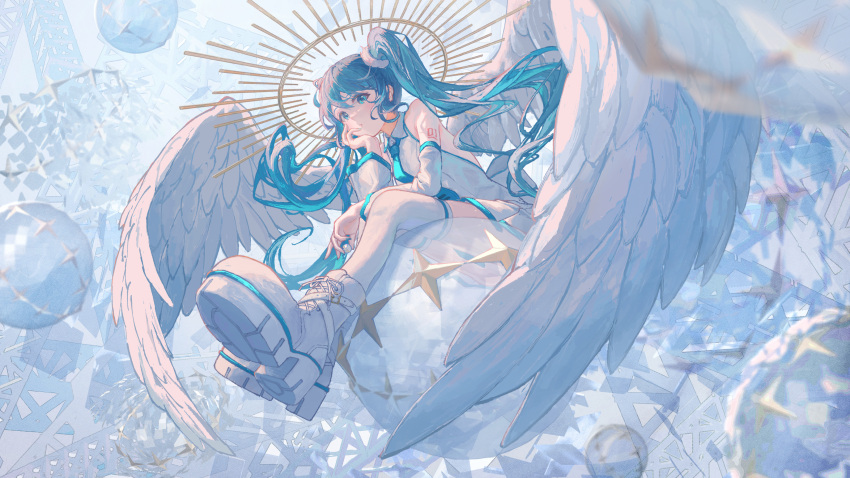1girl absurdres bangs blue_eyes blue_hair detached_sleeves feathered_wings hair_between_eyes halo hand_on_own_face hatsune_miku highres kurohanesawa long_hair long_sleeves looking_at_viewer shoes sitting thigh-highs twintails vocaloid white_footwear white_thighhighs white_wings wide_sleeves wings