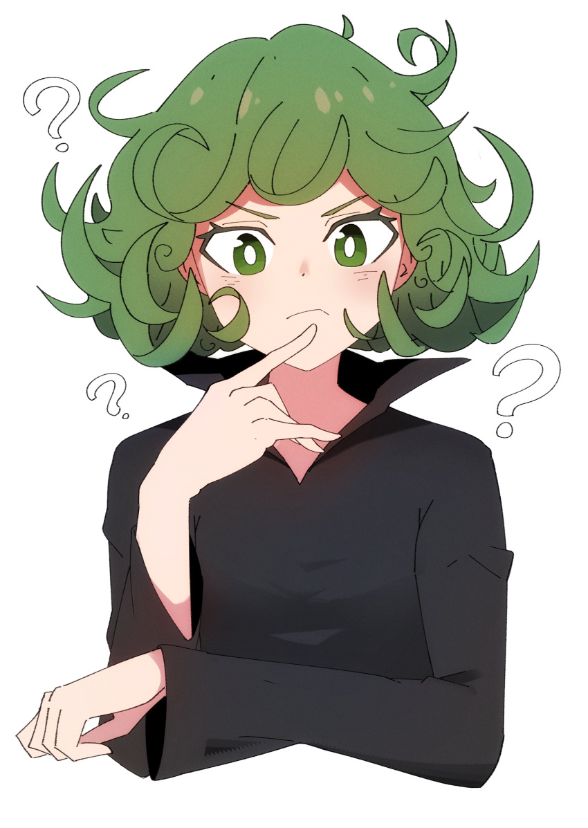 1girl ? absurdres bangs black_dress closed_mouth cropped_torso dress green_eyes green_hair highres long_sleeves looking_at_viewer medium_hair one-punch_man simple_background solo sorapoi tatsumaki upper_body wavy_hair white_background