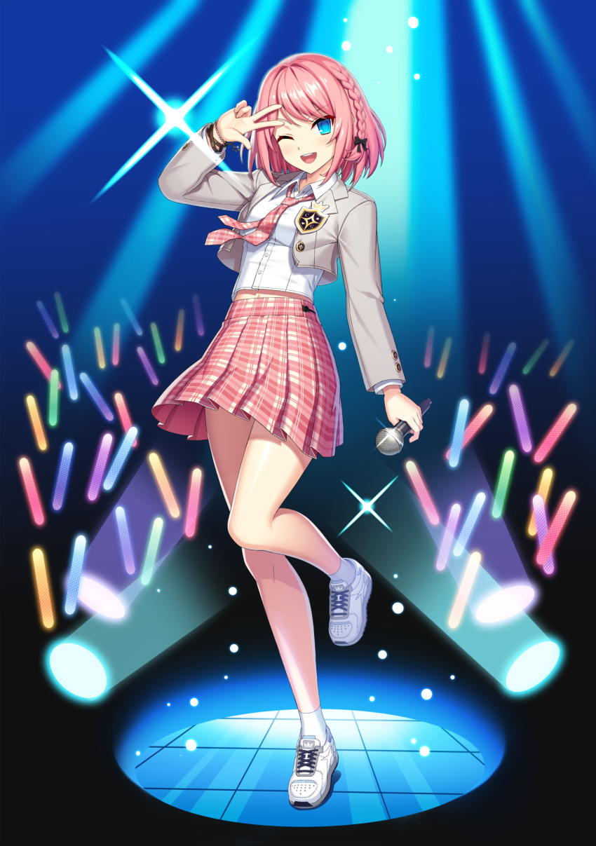 1girl ;d ankle_socks arm_at_side badge black_background black_bow blue_background blue_eyes bob_cut bow braid closers collared_shirt cropped_jacket dark_background full_body glowstick gradient gradient_background grey_jacket hair_bow hand_on_own_head hand_up highres holding holding_microphone idol jacket leg_up long_sleeves microphone midriff_peek miniskirt necktie official_art one_eye_closed pink_hair pink_necktie pink_skirt plaid plaid_necktie plaid_skirt pleated_skirt school_uniform seulbi_lee shirt shoes short_hair side_braid skirt smile sneakers socks solo sparkle stage stage_lights standing standing_on_one_leg star_bracelet tachi-e v white_footwear white_shirt white_socks