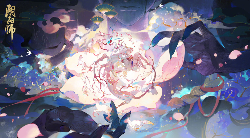 1girl barefoot cherry_blossoms closed_eyes closed_mouth colored_tips full_body highres japanese_clothes long_hair multicolored_hair official_art onmyoji pink_hair shiki_(onmyoji) sleeping solo very_long_hair white_hair