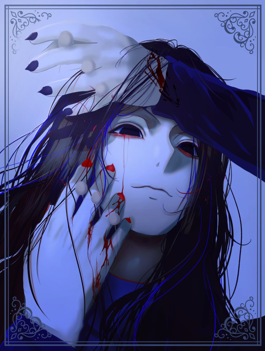 1boy black_eyes black_nails blonde_hair blood blood_on_face blue_theme highres hunter_x_hunter illumi_zoldyck long_hair looking_at_viewer male_focus pin smile sy031219