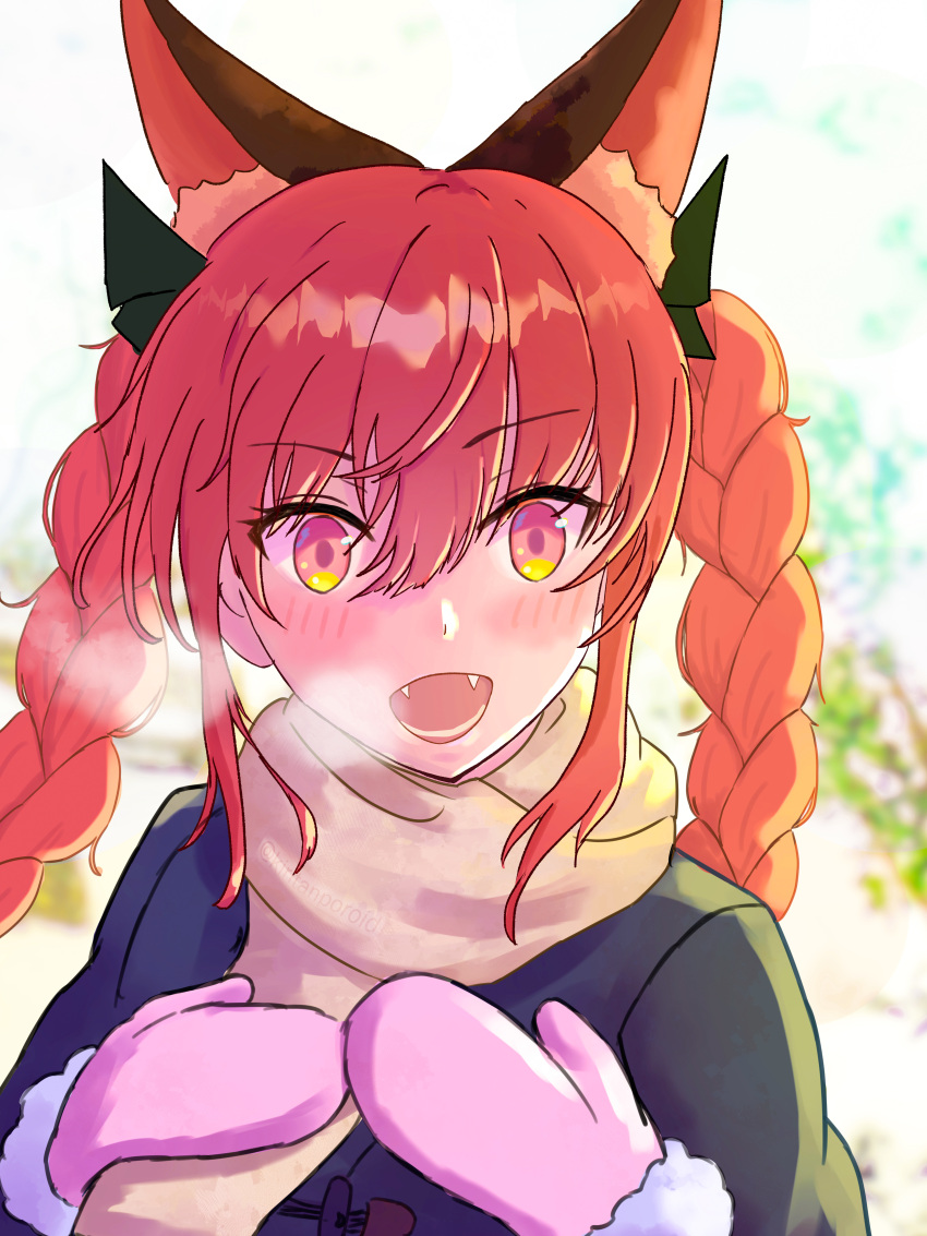 1girl :d absurdres alternate_costume animal_ears blush braid cat_ears extra_ears fangs highres kaenbyou_rin kiritanpo117 mittens open_mouth orange_eyes red_eyes redhead scarf signature smile solo steam_from_mouth touhou tsurime twin_braids watermark yellow_scarf
