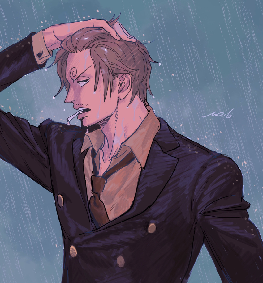 1boy absurdres blonde_hair buttons collared_shirt curly_eyebrows facial_hair from_side frown goatee hair_over_one_eye hand_in_own_hair highres looking_at_viewer loose_necktie male_focus necktie no.6_(numberr_6) one_piece sanji_(one_piece) shirt short_hair solo upper_body wet wet_hair