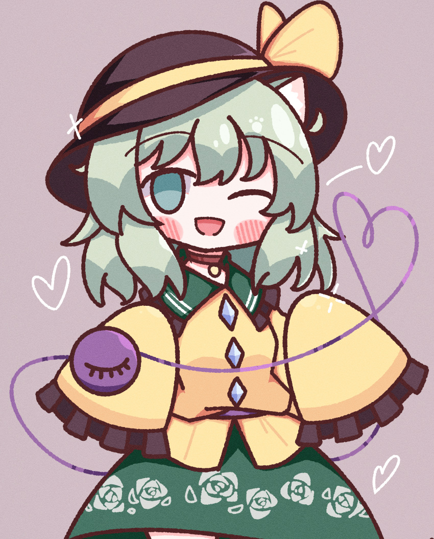 +++ 1girl ;d absurdres black_headwear blush bow buttons choker diamond_button floral_print frilled_shirt_collar frilled_sleeves frills green_eyes green_hair green_skirt hair_between_eyes hat hat_bow heart heart_of_string highres komeiji_koishi light_green_hair long_sleeves looking_at_viewer medium_hair one_eye_closed open_mouth rose_print shirt simple_background skirt sleeves_past_fingers sleeves_past_wrists smile solo third_eye touhou waroemon yellow_bow yellow_shirt