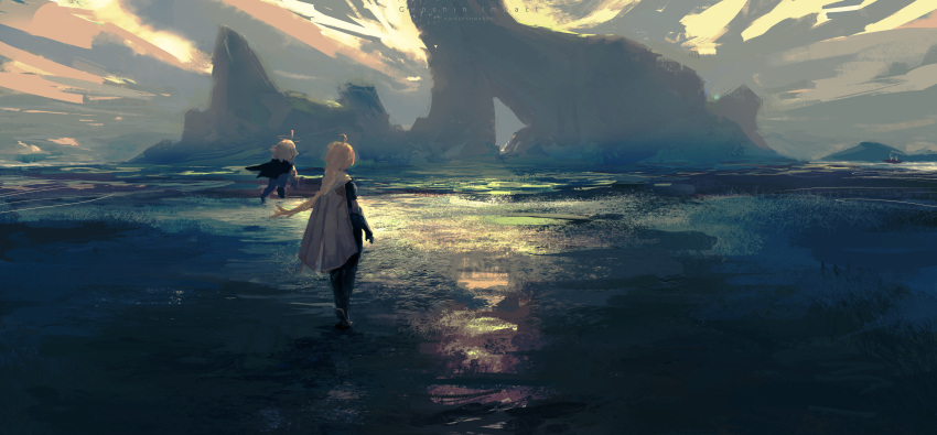 1boy 1girl absurdres aether_(genshin_impact) ahoge blonde_hair braid capelet clouds cloudy_sky dress floating from_behind genshin_impact gloves halo highres kaisershmarrn outdoors paimon_(genshin_impact) short_hair sky white_dress white_hair