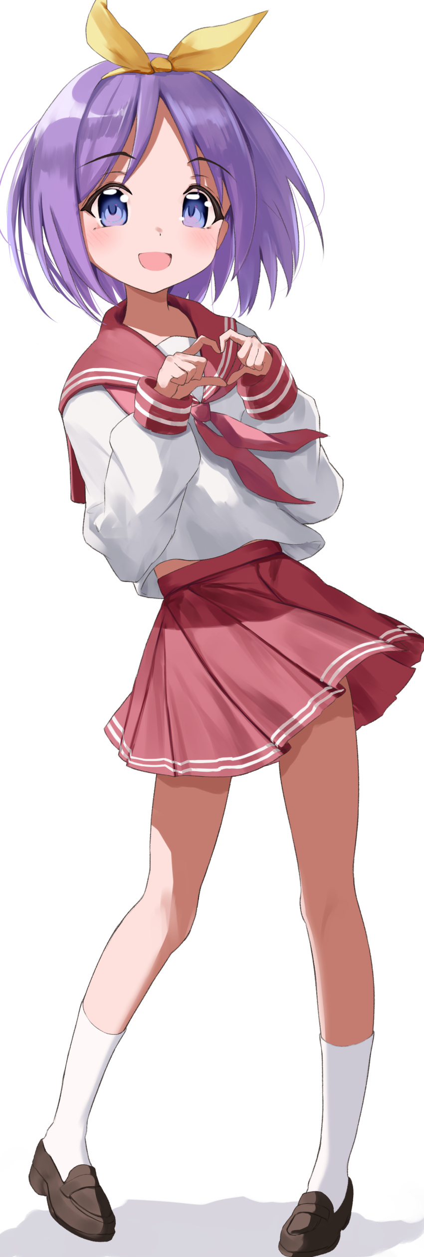 1girl :d absurdres bangs bow bow_hairband brown_footwear collarbone collared_shirt full_body hair_bow hairband heart heart_hands highres hiiragi_tsukasa hiyorin_39 loafers long_hair looking_at_viewer lucky_star midriff_peek miniskirt neckerchief open_mouth parted_bangs pink_neckerchief pleated_skirt purple_hair red_sailor_collar red_serafuku red_skirt ryouou_school_uniform sailor_collar sailor_shirt school_uniform serafuku shiny shiny_hair shirt shoes simple_background skirt smile socks solo standing violet_eyes white_background white_shirt white_socks yellow_bow yellow_hairband