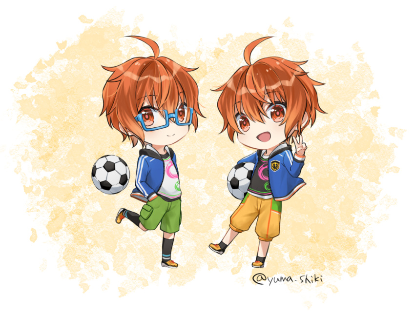 2boys ahoge aoi_kyosuke aoi_yusuke artist_name ball black_shirt black_socks blue-framed_eyewear brothers chibi glasses green_shorts hair_between_eyes hands_in_pockets idolmaster idolmaster_side-m looking_at_viewer male_focus multiple_boys open_mouth orange_eyes orange_hair print_shirt shirt shorts siblings smile soccer_ball socks twins v white_shirt yellow_shorts yumashiki