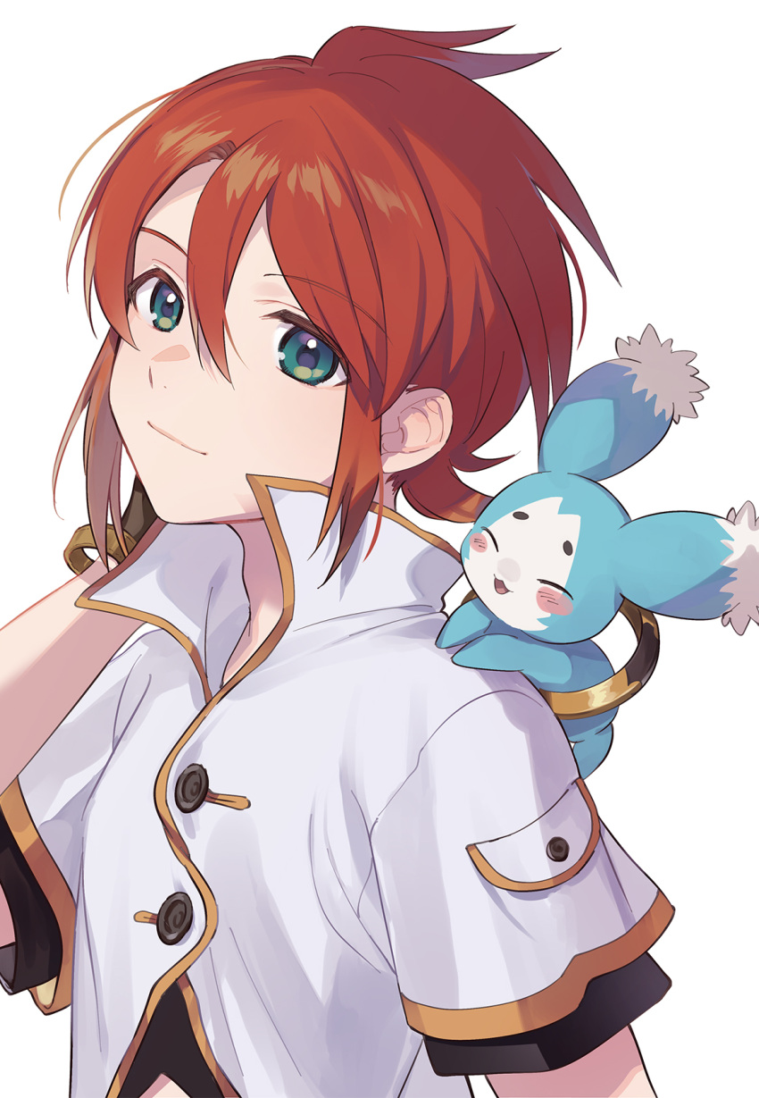 1boy closed_mouth collared_shirt creature creature_on_shoulder fuji_fujino green_eyes hair_between_eyes highres looking_at_viewer luke_fon_fabre male_child mieu_(tales) on_shoulder redhead shirt short_hair short_sleeves simple_background smile tales_of_(series) tales_of_the_abyss white_background white_shirt