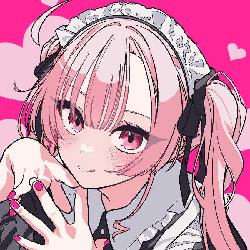 1girl :q ahoge black_shirt blush closed_mouth collar commentary frilled_collar frills hair_between_eyes hair_ribbon heart highres looking_at_viewer looking_up luvluvvox maid maid_headdress nail_polish original own_hands_together pink_background pink_eyes pink_hair pink_nails portrait red_ribbon ribbon shirt short_hair simple_background smile solo tongue tongue_out twintails