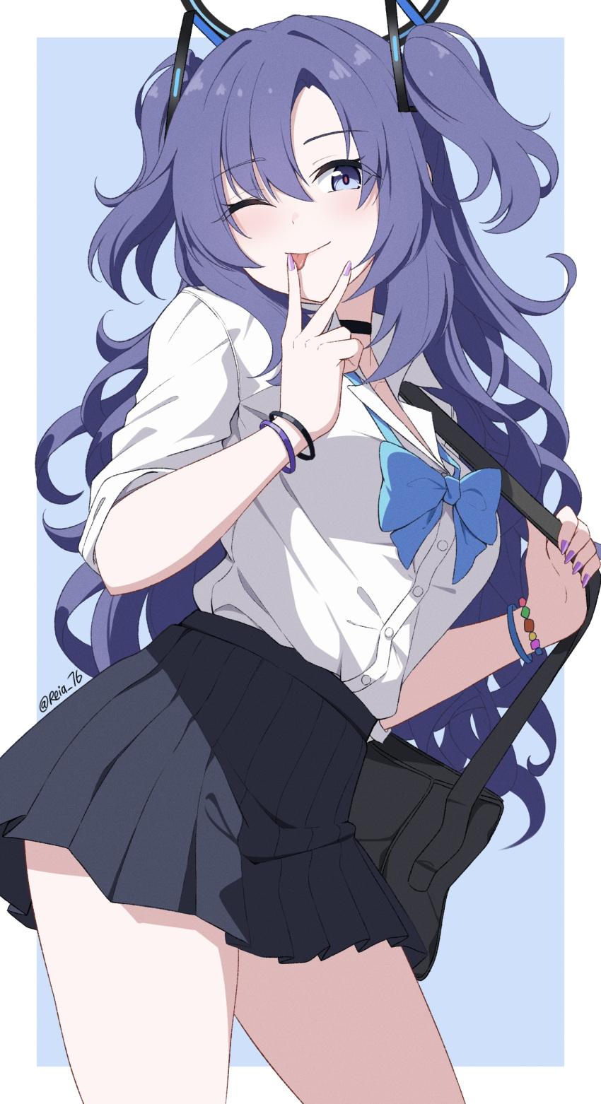 1girl absurdres artist_name bag bangs blue_archive blue_bow bow bowtie bracelet collared_shirt gyaru halo highres jewelry miniskirt nail_polish one_eye_closed parted_bangs pleated_skirt purple_hair reia_76 school_uniform serafuku shirt shoulder_bag sidelocks skirt smile tongue tongue_out twintails two_side_up violet_eyes white_shirt yuuka_(blue_archive)