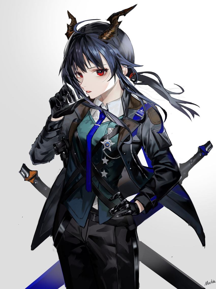 1girl alternate_costume arknights black_gloves black_jacket black_pants blue_hair blue_necktie ch'en_(arknights) collared_shirt dragon_girl dragon_horns gloves green_vest hand_on_hip hand_up highres horns jacket long_hair low_twintails mackia necktie pants parted_lips red_eyes scabbard sheath sheathed shirt sidelocks simple_background solo sword twintails vest weapon white_background white_shirt