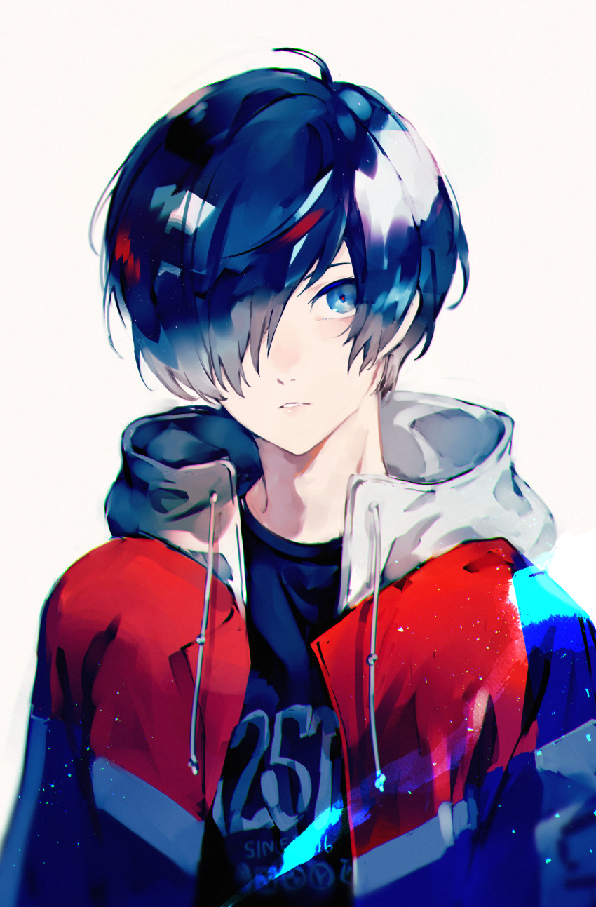 1boy absurdres alternate_costume bishounen black_shirt blue_eyes blue_hair hair_over_one_eye highres hood hooded_jacket jacket lor_(roasyerizyonirapi) male_focus open_clothes open_jacket parted_lips persona persona_3 print_shirt shirt short_hair simple_background solo upper_body white_background yuuki_makoto