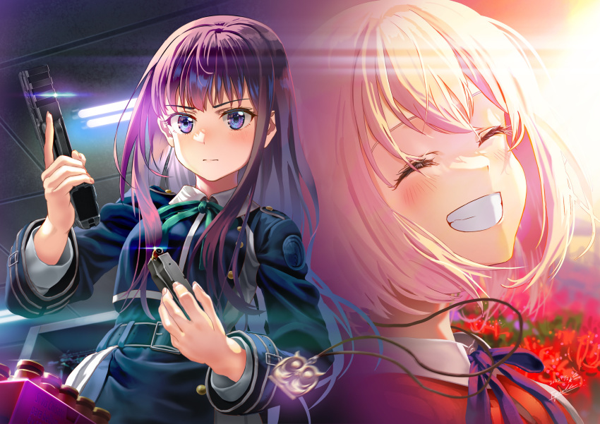 2022 2girls absurdres belt belt_buckle black_belt blue_eyes blue_jacket blush buckle closed_eyes closed_mouth dated estrella_(uypu4574) floating_hair green_ribbon grin gun handgun highres holding holding_gun holding_weapon inoue_takina jacket long_hair long_sleeves lycoris_recoil lycoris_uniform multiple_girls neck_ribbon nishikigi_chisato purple_hair purple_ribbon ribbon shiny shiny_hair signature smile straight_hair weapon white_hair