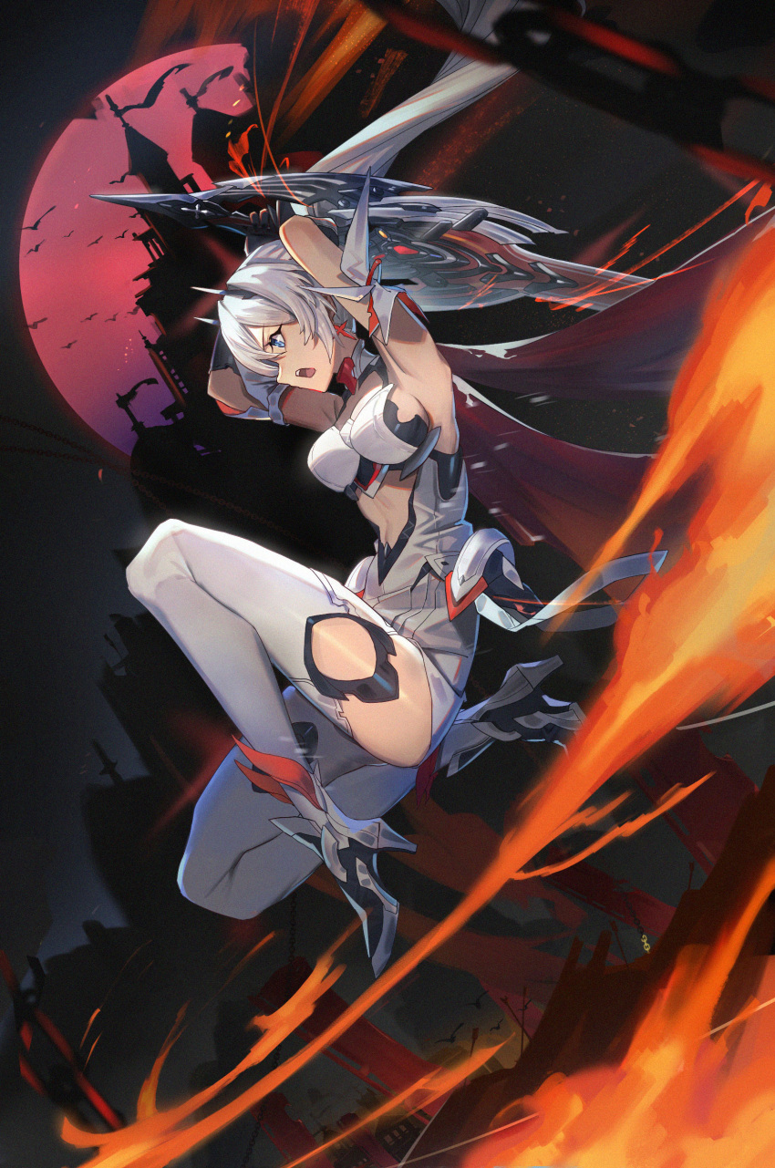 1girl absurdres armor armored_dress bangs bare_shoulders bird blue_eyes boots breasts cape castle commentary_request determined earrings elbow_gloves flaming_sword flaming_weapon gloves hair_between_eyes hair_ornament high_heel_boots high_heels highres holding holding_sword holding_weapon honkai_(series) honkai_impact_3rd jewelry kiana_kaslana kiana_kaslana_(herrscher_of_flamescion) lastation14 long_hair looking_ahead night open_mouth outdoors ponytail sword teeth thigh-highs upper_teeth_only very_long_hair weapon white_hair