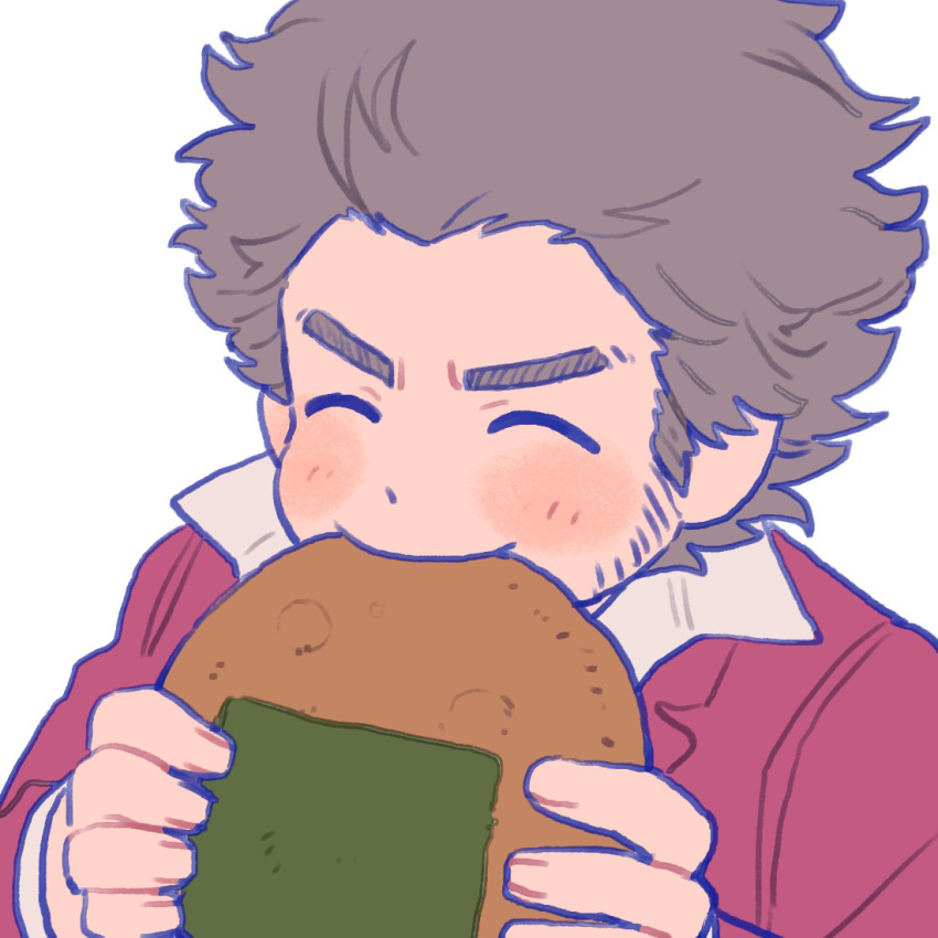 1boy ^_^ blush brown_hair character_request closed_eyes collared_shirt copyright_request eating facial_hair food holding holding_food husagin male_focus mature_male messy_hair onigiri shirt short_hair smile solo stubble thick_eyebrows upper_body