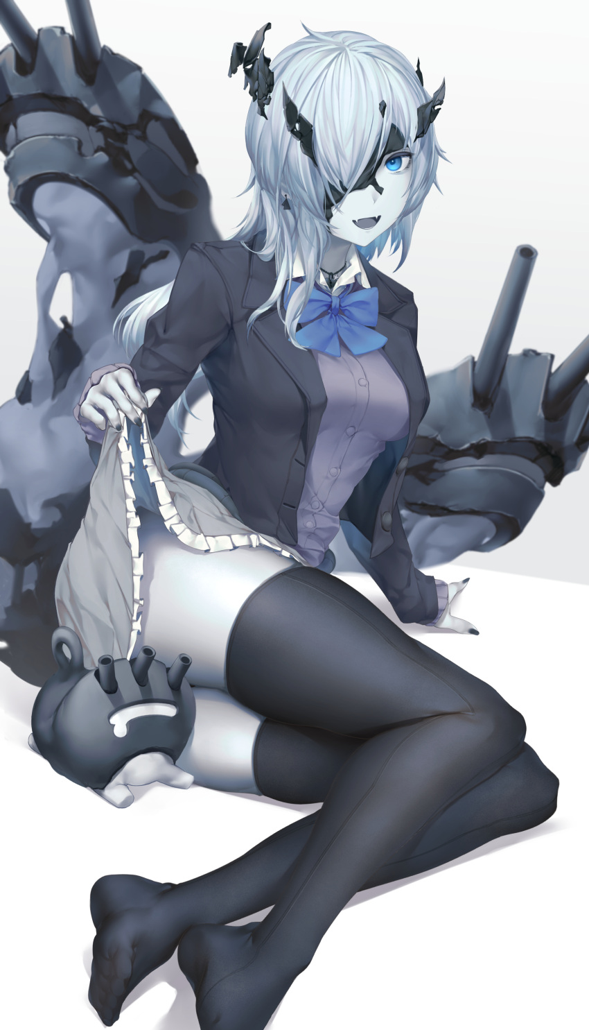 1girl absurdres abyssal_ship alternate_costume ascot black_thighhighs blazer blue_eyes breasts cannon clothes_lift collared_shirt cosplay fang feet grey_shirt grey_skirt highres jacket kantai_collection long_sleeves medium_breasts mokuren_(mozukukirai88) ne-class_heavy_cruiser no_shoes one_eye_covered open_mouth school_uniform shirt sitting skirt skirt_lift smile suzuya_(kancolle) suzuya_(kancolle)_(cosplay) thigh-highs turret white_hair