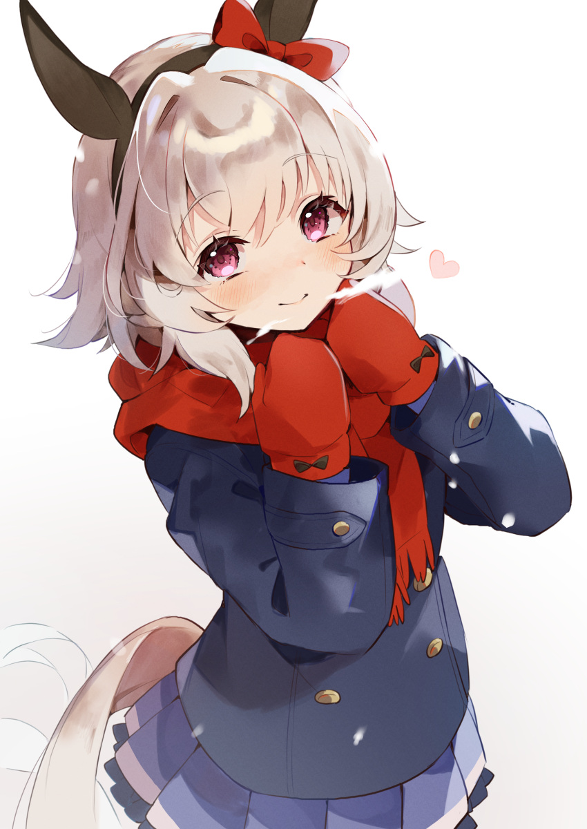 1girl absurdres animal_ears black_jacket blazer blue_skirt blush bow closed_mouth cold curren_chan_(umamusume) ear_bow ear_covers gloves highres horse_ears horse_girl horse_tail jacket long_sleeves looking_at_viewer pink_eyes pleated_skirt red_bow red_gloves red_scarf scarf short_hair skirt smile solo tail umamusume usukawa_(uskw_sr) white_hair