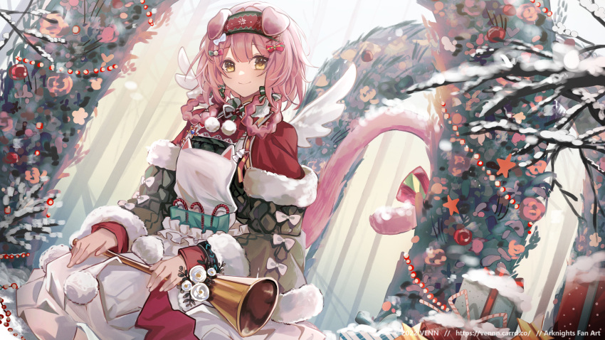 1girl animal_ears apron arknights artist_name bow braid cat_ears cat_girl cat_tail christmas copyright_name floppy_ears floral_print flower fur-trimmed_sleeves fur_trim goldenglow_(arknights) goldenglow_(night_loving_servant)_(arknights) green_sweater hair_bow hair_ornament hairband highres holding holding_instrument horn_(instrument) instrument long_hair looking_at_viewer official_alternate_costume pink_hair poinsettia print_hairband red_bow red_hairband seiza sitting smile solo sweater tail tail_bow tail_ornament venn_(vebonbon) web_address white_apron white_bow x_hair_ornament yellow_eyes