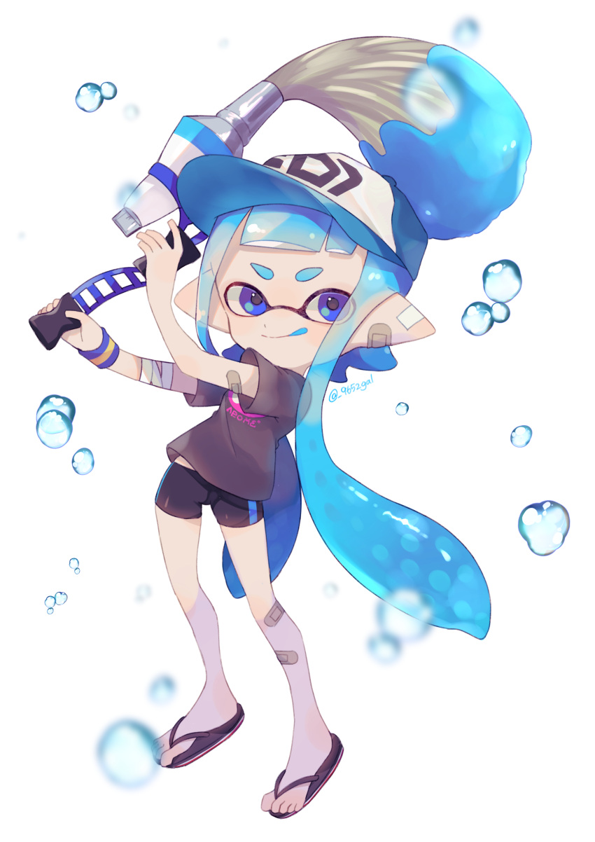 1girl :q absurdres aqua_hair aqua_headwear aqua_tongue bandaged_arm bandaged_leg bandages bangs black_shorts flip-flops grey_shirt hat highres holding holding_weapon inkbrush_(splatoon) inkling inkling_girl long_hair looking_at_viewer mikoshiba_m pointy_ears sandals shirt short_shorts short_sleeves shorts simple_background smile splatoon_(series) tentacle_hair tongue tongue_out water_drop weapon white_background