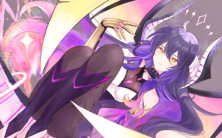 1girl asa_(1asa-0-asa1) commentary commission dragon dragon_girl dragon_horns dragon_wings elbow_gloves english_commentary gloves highres horns indie_virtual_youtuber jewelry kimochi_(vtuber) leggings legs long_hair monster_girl multicolored_hair necklace purple_hair simple_background skeb_commission solo wings yellow_eyes