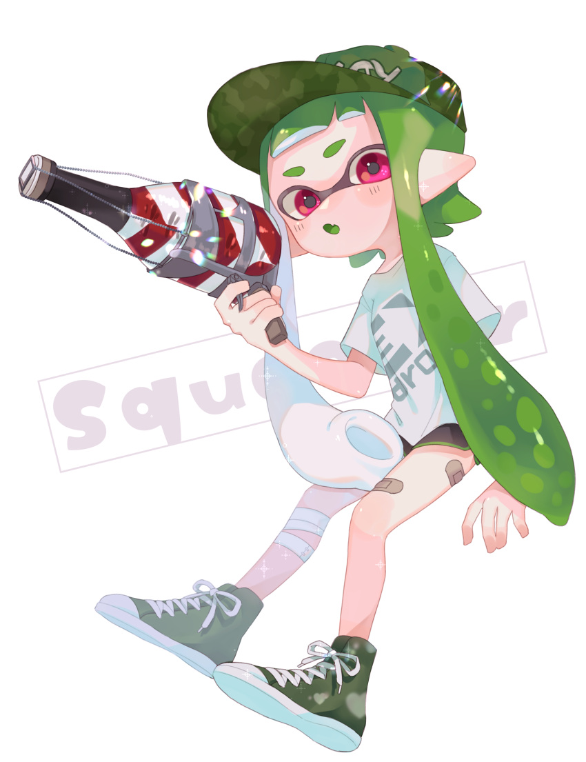 1girl absurdres bandaged_leg bandages bangs black_shorts colored_tongue green_eyes green_hair green_headwear green_tongue hat highres holding holding_water_gun inkling inkling_girl long_hair looking_at_viewer mikoshiba_m pointy_ears red_eyes shirt short_shorts short_sleeves shorts simple_background splatoon_(series) tentacle_hair water_gun white_background white_shirt