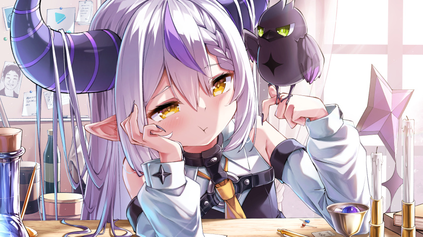 1girl absurdres ascot bird bird_on_hand blush braid candle closed_mouth crow_(la+_darknesss) demon_girl demon_horns detached_sleeves grey_hair hair_between_eyes head_rest highres hololive horns la+_darknesss long_hair long_sleeves maeru multicolored_hair o-ring pointy_ears pout purple_hair sidelocks solo streaked_hair striped_horns table upper_body virtual_youtuber wooden_table yellow_ascot yellow_eyes