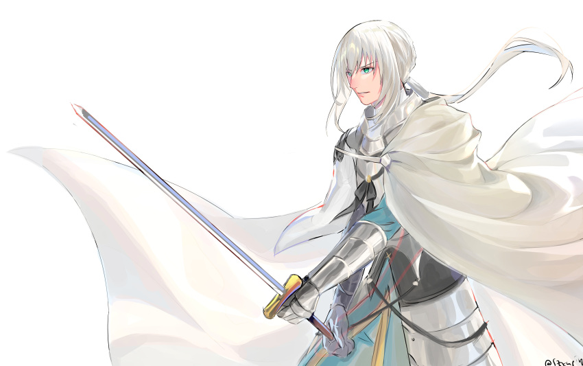 1boy absurdres aqua_shirt armor bedivere_(fate) cape cowboy_shot fate/grand_order fate_(series) faulds floating_hair gauntlets green_eyes hair_between_eyes hair_tubes highres holding holding_sword holding_weapon indroots long_hair looking_ahead low_ponytail male_focus parted_lips serious shirt simple_background solo sword v-shaped_eyebrows weapon white_background white_cape white_hair