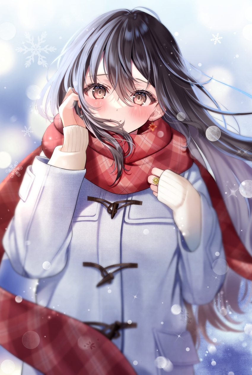 1girl ahoge bangs blush brown_eyes brown_hair checkered_clothes checkered_scarf closed_mouth coat commentary_request earrings hair_between_eyes hand_in_own_hair head_tilt highres holding holding_hair jewelry long_hair long_scarf long_sleeves looking_at_viewer original outdoors parted_bangs red_scarf ring scarf sidelocks sleeves_past_wrists smile snow snowflakes snowing solo sweater very_long_hair white_coat white_sweater yugirlpict