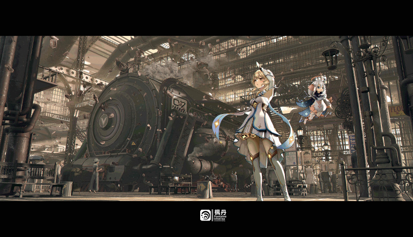 2girls absurdres architecture bench blonde_hair blue_eyes capelet day dress floating gauntlets gears genshin_impact ground_vehicle halo highres lumine_(genshin_impact) multiple_girls paimon_(genshin_impact) qi==qi scenery sign stairs steam steampunk train white_dress white_hair window yellow_eyes
