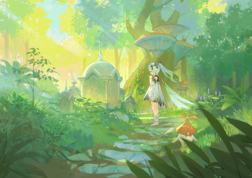 1girl absurdres blue_sky blue_wings clouds commentary_request day ddal detached_wings dress forest fungi_(genshin_impact) genshin_impact green_hair grey_hair highres interlocked_fingers long_hair multicolored_hair nahida_(genshin_impact) nature no_shoes outdoors own_hands_clasped own_hands_together pointy_ears side_ponytail sky sleeveless sleeveless_dress socks solo standing stirrup_legwear streaked_hair toeless_legwear tree white_dress white_socks wings