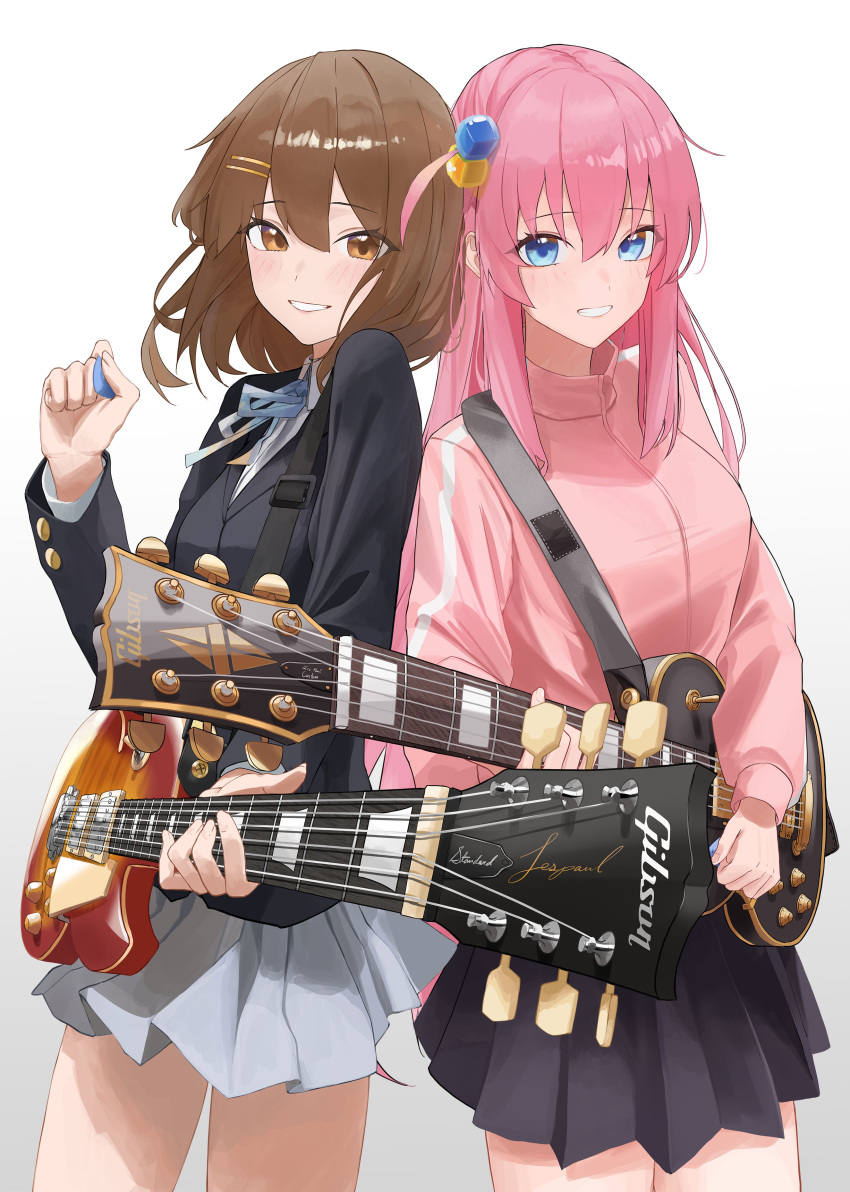 absurdres bangs black_jacket black_skirt blazer blue_eyes bocchi_the_rock! brown_eyes brown_hair cowboy_shot crossover cube_hair_ornament electric_guitar est_(est_illust) gibson gibson_les_paul gotou_hitori grey_skirt guitar hair_between_eyes hair_ornament hair_over_eyes hairclip highres hirasawa_yui instrument jacket k-on! long_hair one_side_up pink_hair pink_jacket pleated_skirt plectrum sakuragaoka_high_school_uniform school_uniform short_hair skirt track_jacket trait_connection