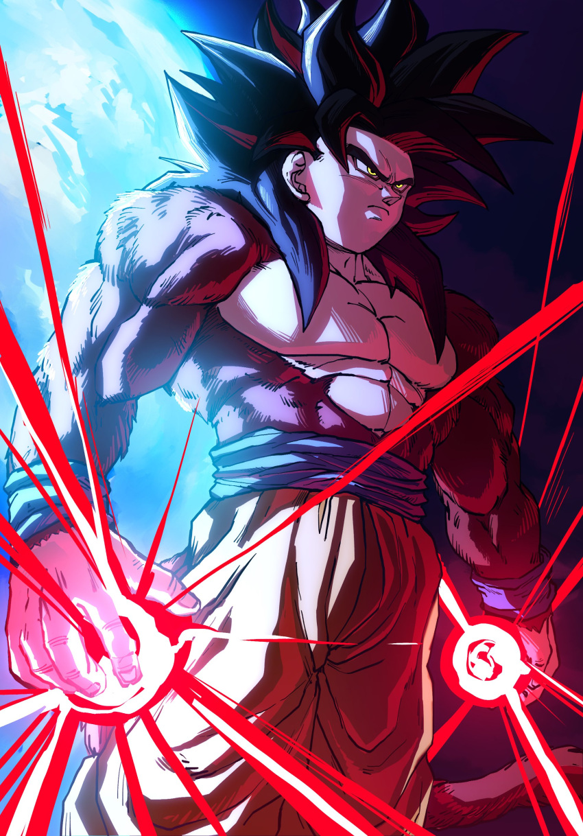 1boy absurdres black_hair blue_sash blue_wristband body_fur bow closed_mouth commentary_request cowboy_shot dragon_ball dragon_ball_gt fingernails highres kamehameha kouji08250 male_focus monkey_boy monkey_tail muscular muscular_male pectorals red_fur sash serious solo son_goku spiky_hair super_saiyan super_saiyan_4 tail yellow_bow yellow_eyes