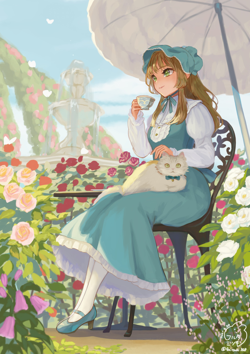 1girl absurdres animal_on_lap aqua_dress aqua_footwear aqua_headwear arch bangs bonnet brown_hair bug butterfly cat center_frills chair clouds cup day dress floral_arch flower fountain frills full_body garden green_eyes high_heels highres holding holding_cup juliet_sleeves long_sleeves looking_ahead mary_janes on_lap original pantyhose parasol pinafore_dress pink_flower pink_rose puffy_sleeves red_flower red_rose rose sangatsu_(mitsuki358) shirt shoes sitting smile solo table teacup umbrella white_cat white_flower white_pantyhose white_rose white_shirt